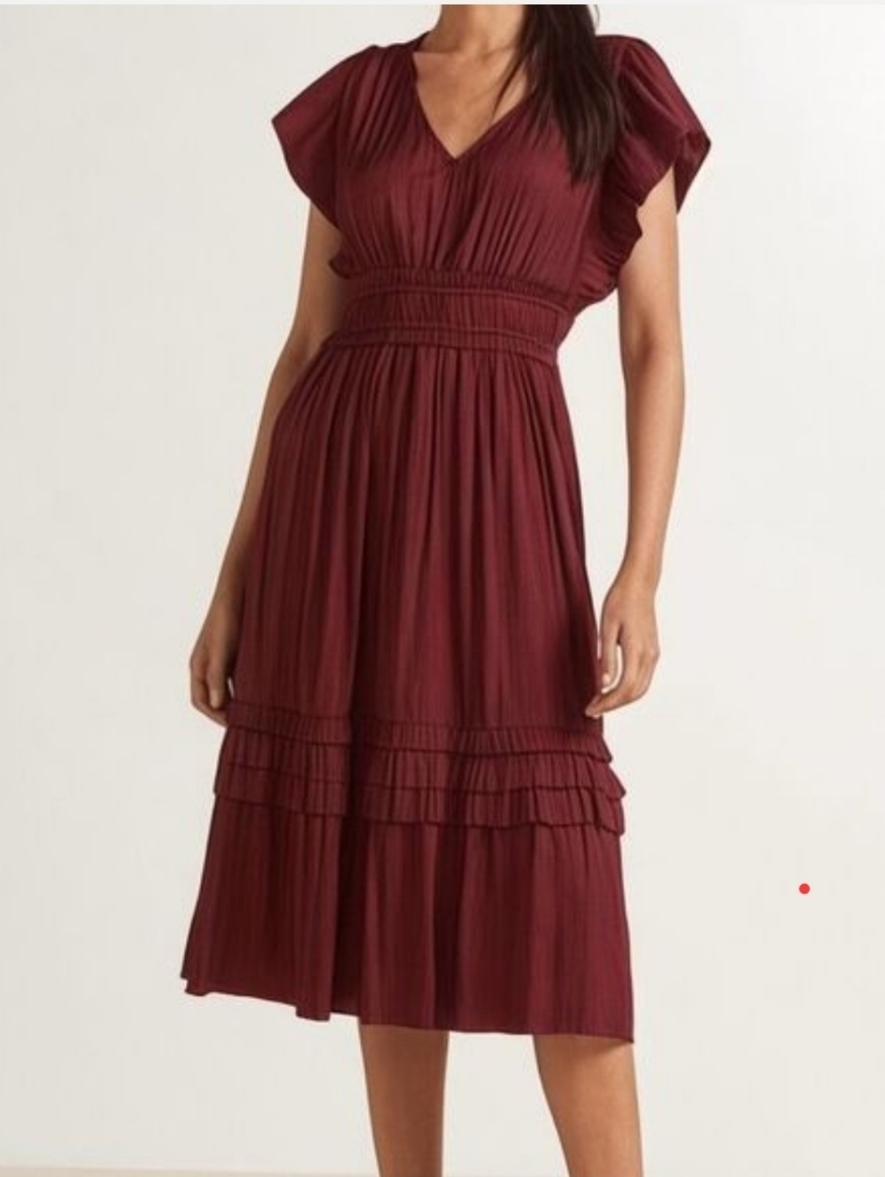 EVEREVE Roan + Ryan Tallulah Burgundy Pleated Midi Ruffle Sleeves Dress